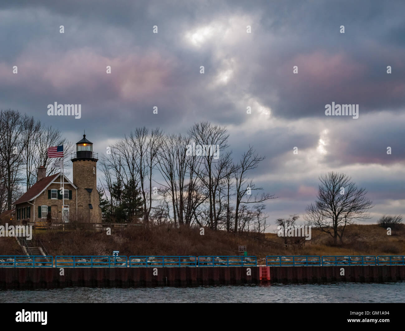 White River Channel und Leuchtturm - Whitehall Michigan, Wabiningo, Bribie, Montague, Lake Michigan, Muskegon County Stockfoto