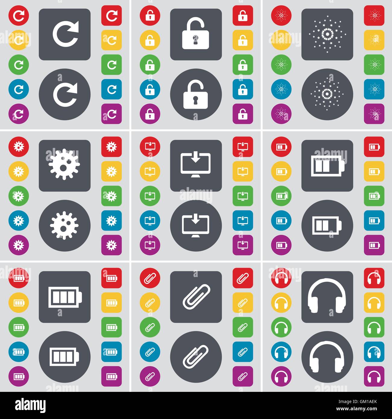 Neu laden, Schloss, Stern, Gang, Monitor, Akku, Clip, Herz Symbol. Eine große Auswahl an flache, farbige Schaltflächen für Ihre Konstruktion. Vektor Stock Vektor