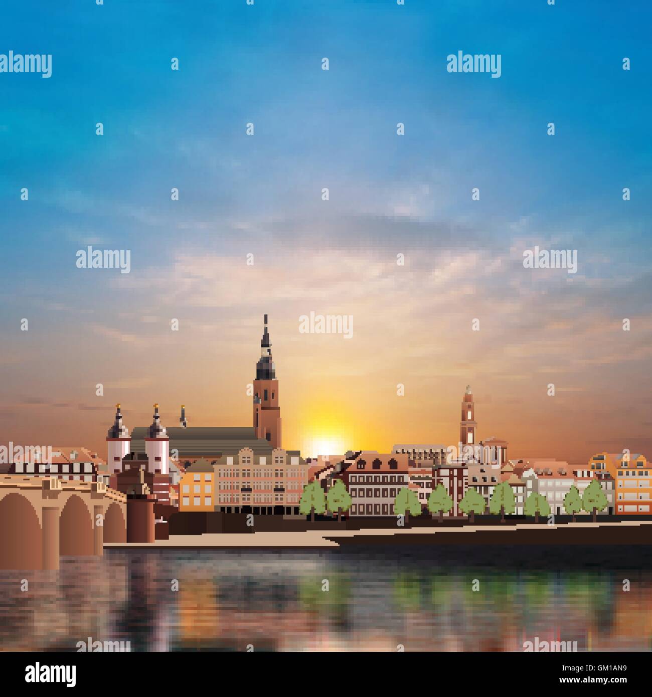 Panorama der mittelalterlichen Stadt Heidelberg in Deutschland Stock Vektor