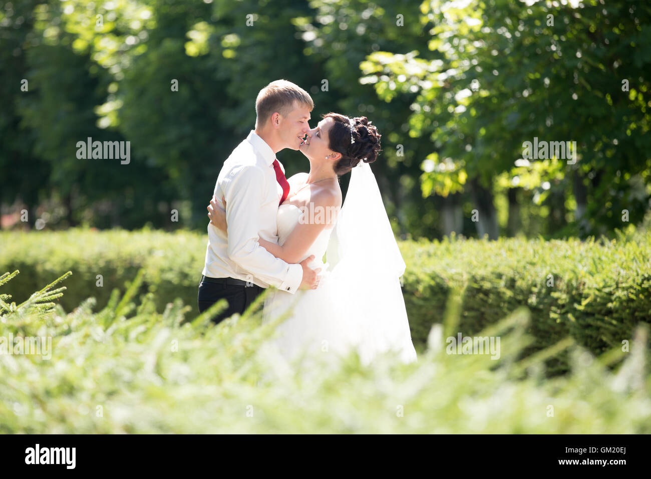 Junge kaukasischen Brautpaar küssen im Freien. Wunderschöne Brautpaar am Tag der Hochzeit im Sommer zu küssen. Liebe und glücklich Stockfoto