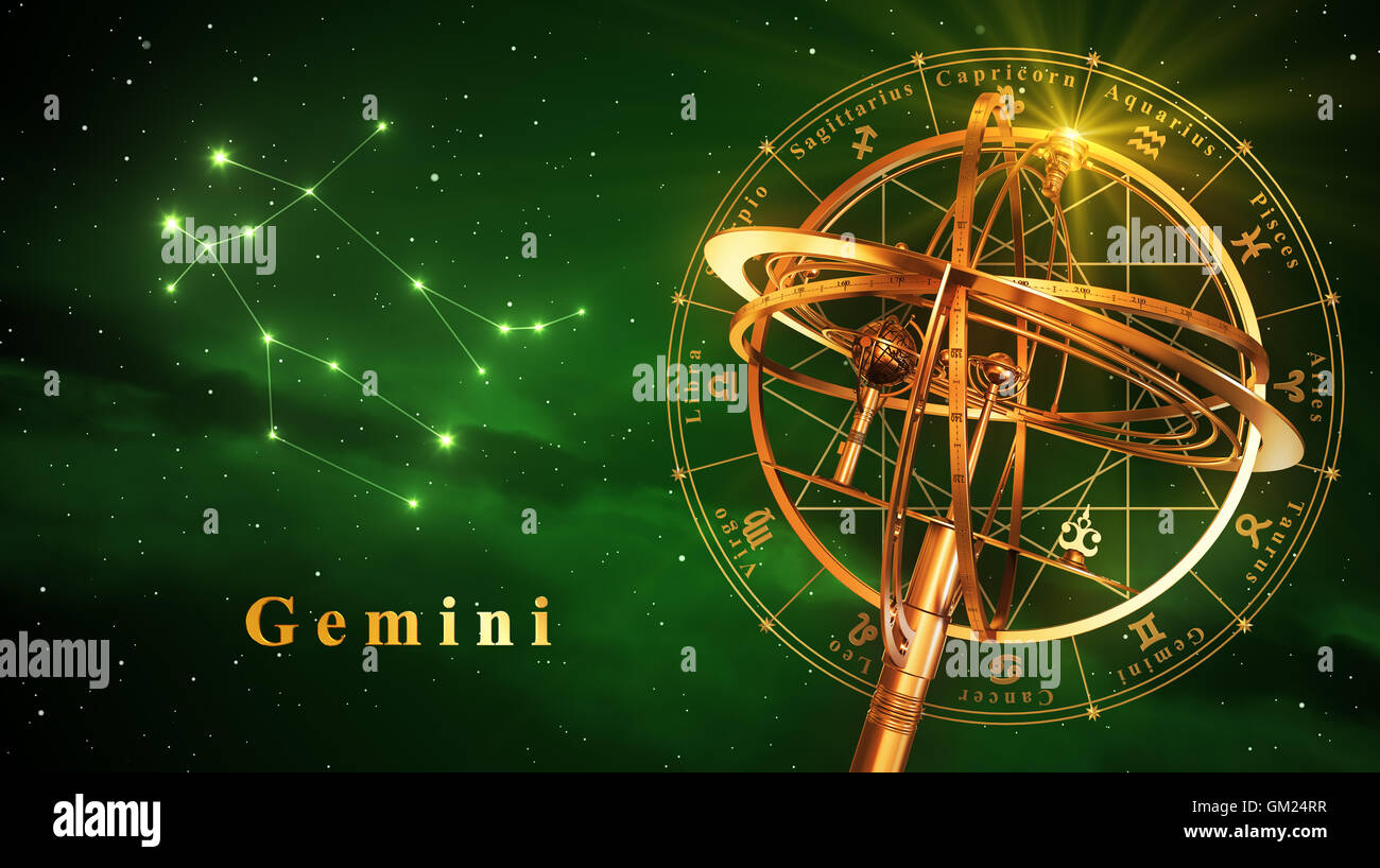Armillarsphäre und Sternbild Gemini auf grünem Hintergrund. 3D Illustration. Stockfoto