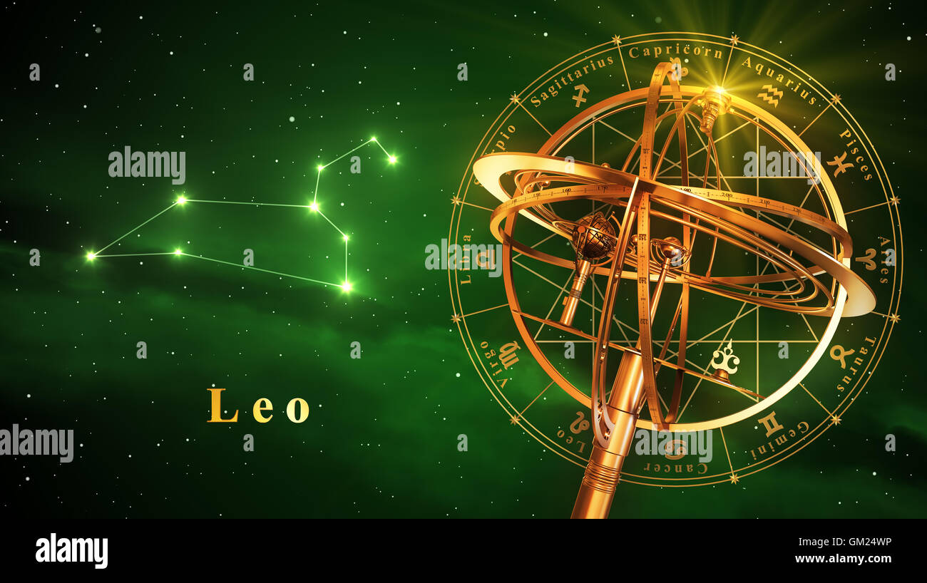 Armillarsphäre und Sternbild Leo auf grünem Hintergrund. 3D Illustration. Stockfoto