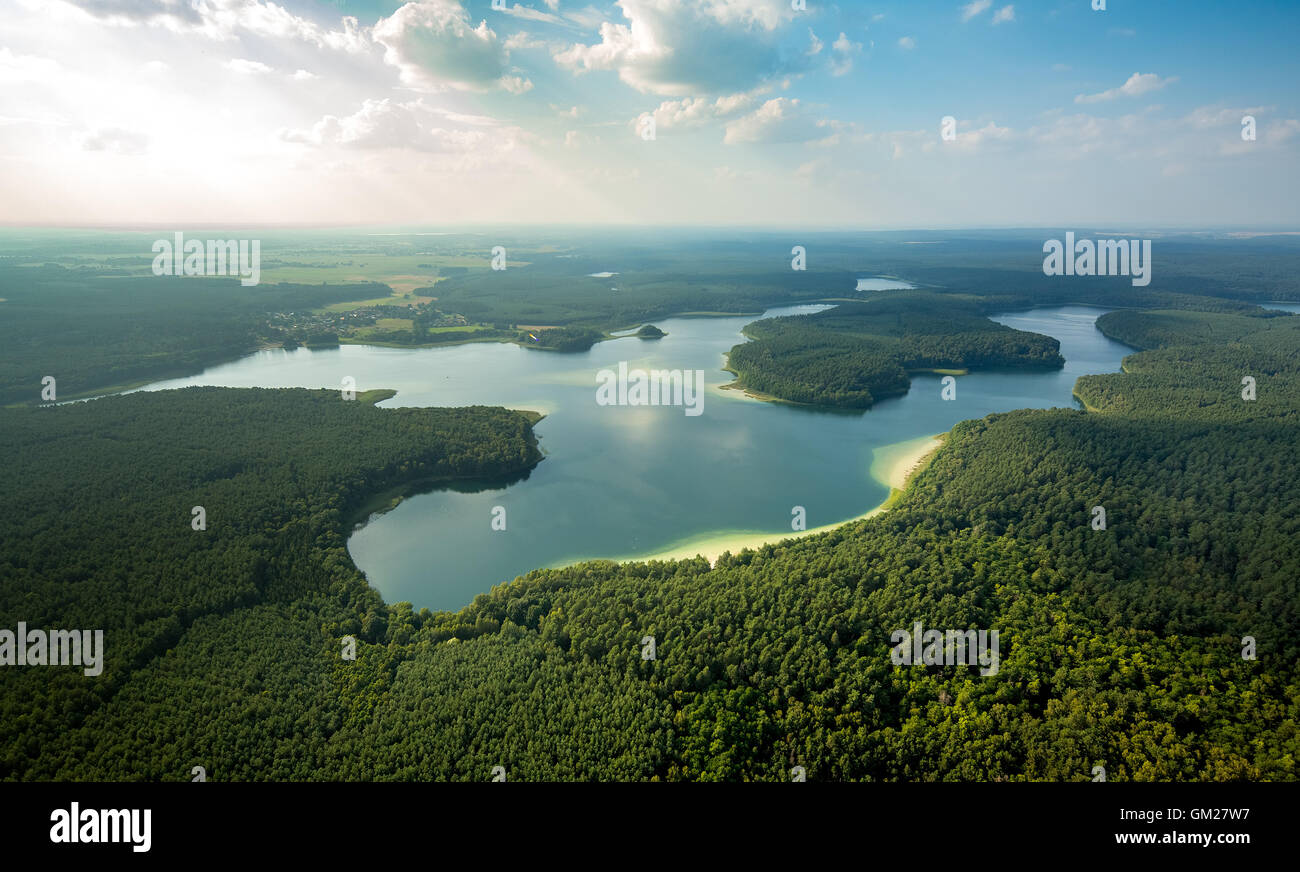 Luftaufnahme, Fürstensee mit gröberen Fürstenseer See, Sandbänke, Wald Landschaft, Neustrelitz, Mecklenburgische Seenplatte, Mecklenburg Stockfoto