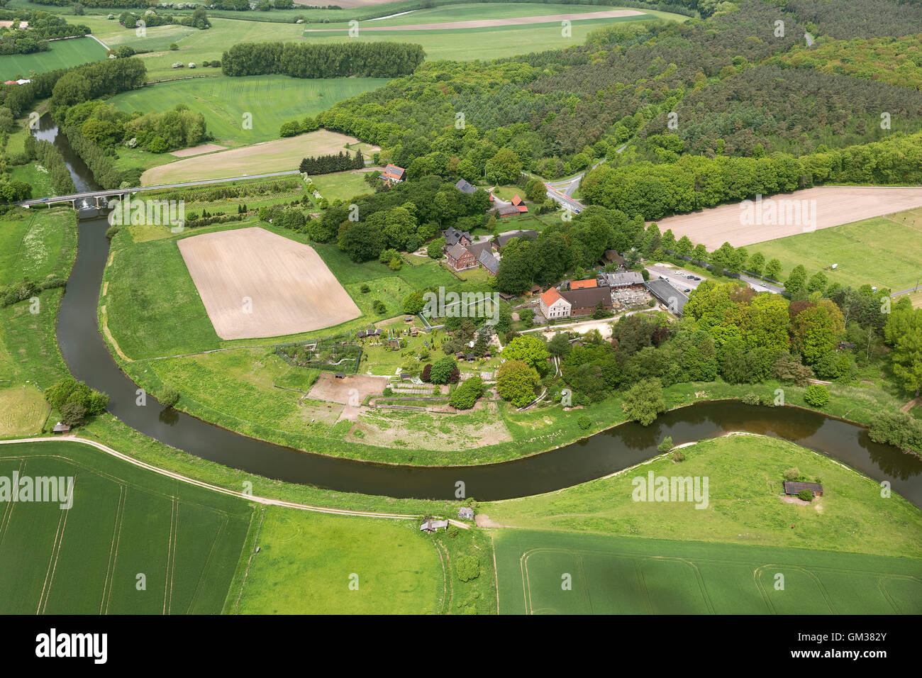 Luftaufnahme, schränkt Freizeitpark gut Eversum auf der Lippe, Lippe-Mäander, Lippe Wiesen, Luftbild pflegt Stadt Datteln Stockfoto