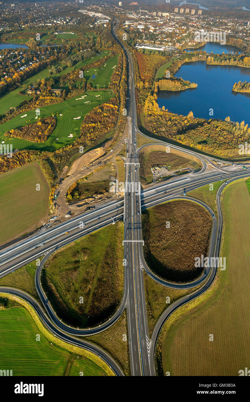 Luftbild, Autobahnkreuz, Kleeblatt, Infrastrukturbau, Rahmer See, Ausfahrt A59 und B288, Luftbild Stockfoto