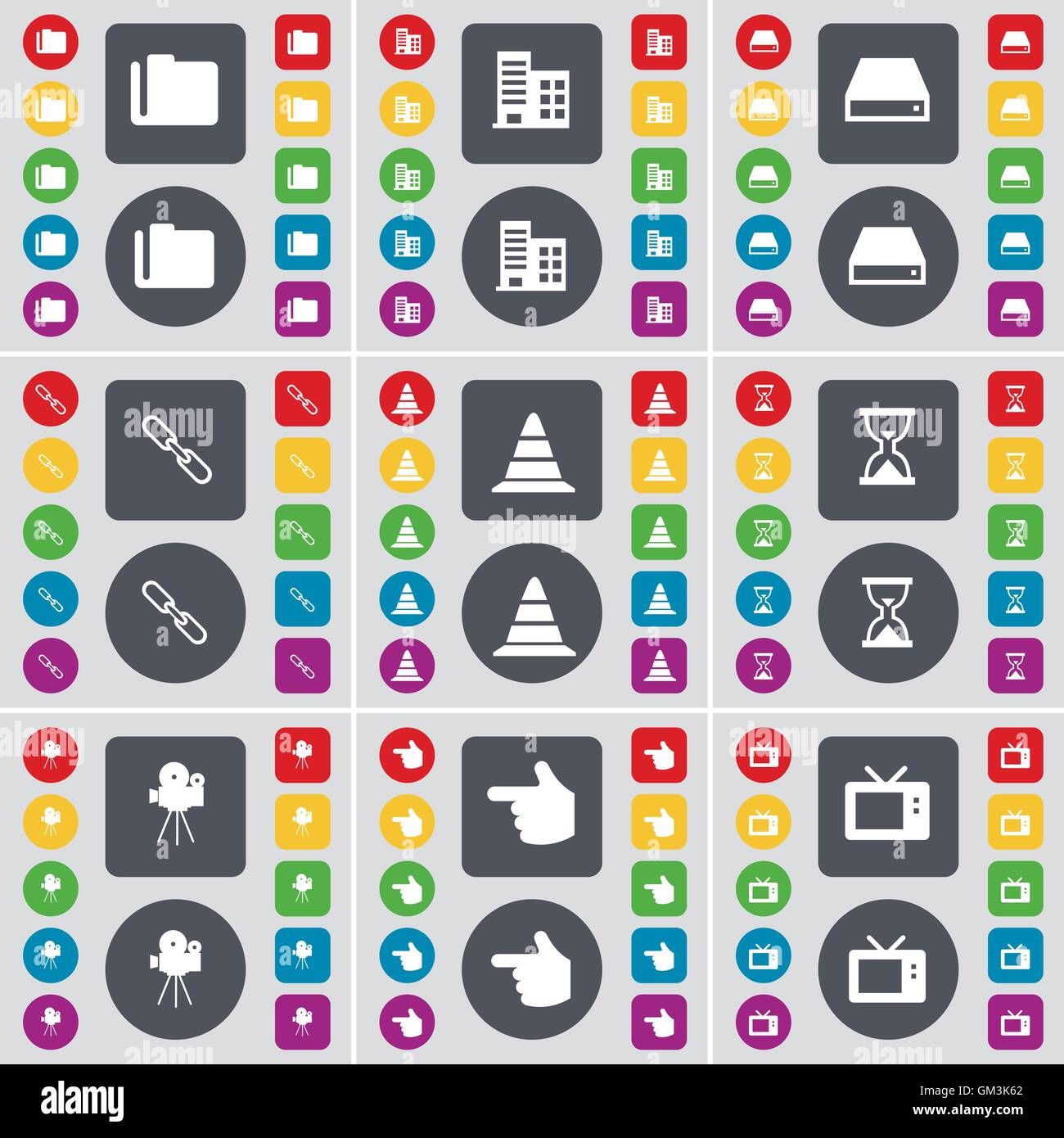 Ordner, Zeitung, Festplatte, Link, Kegel, Sanduhr, Film Kamera, Hand, Mikrowelle Symbol Symbol. Eine große Anzahl von flachen, gefärbt, aber Stock Vektor