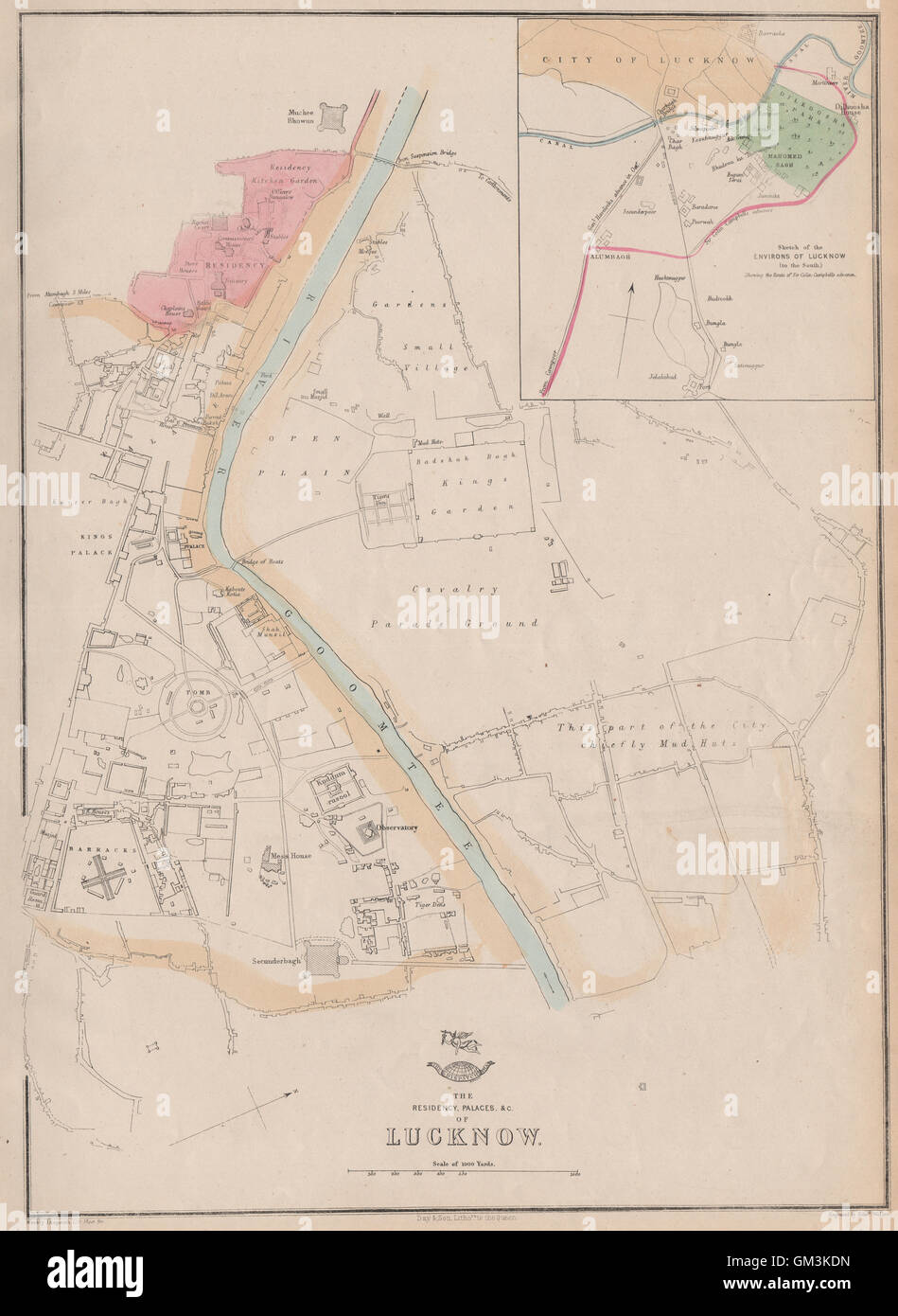 LUCKNOW RESIDENCY & PALÄSTE. Stadtplan. Campbells Advance.WELLER, 1863 Karte zeigt Stockfoto