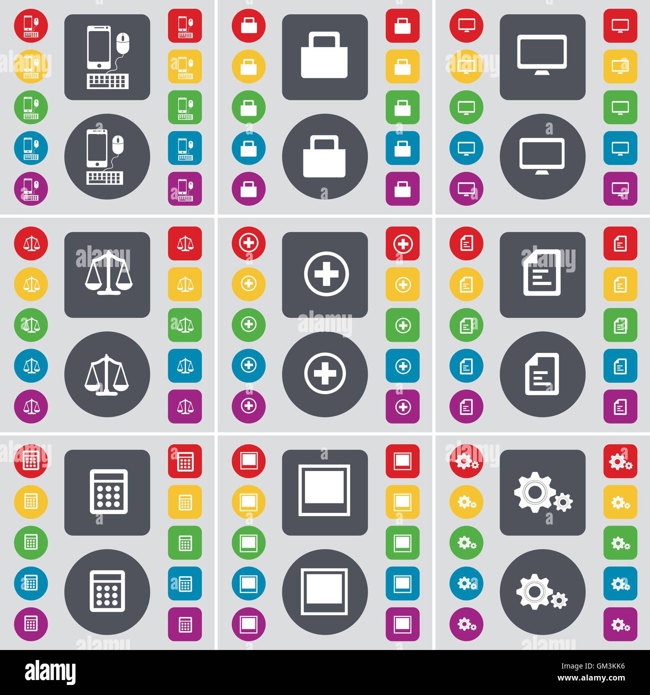 Smartphone, Lock, Monitor, Waagen, Plus, Text-Datei, Rechner, Fenster, Zahnrad-Symbol Symbol. Eine große Anzahl von flachen, farbigen Tasten f Stock Vektor
