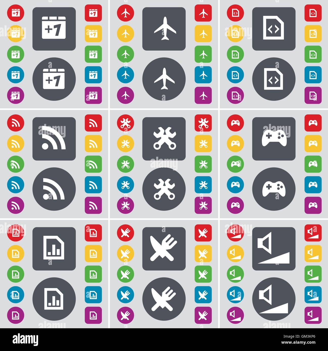 Plus eins, Flugzeug, Datei, RSS, Schraubenschlüssel, Gamepad, Datei, Fo Symbol Symbol Diagramm. Eine große Anzahl von flachen, farbigen Tasten für Ihre desi Stock Vektor