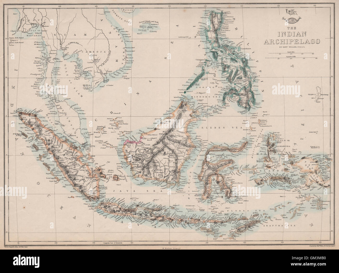 INDISCHEN ARCHIPEL. East Indies Sarawak Königreich Philippinen. WELLER, 1863-Karte Stockfoto
