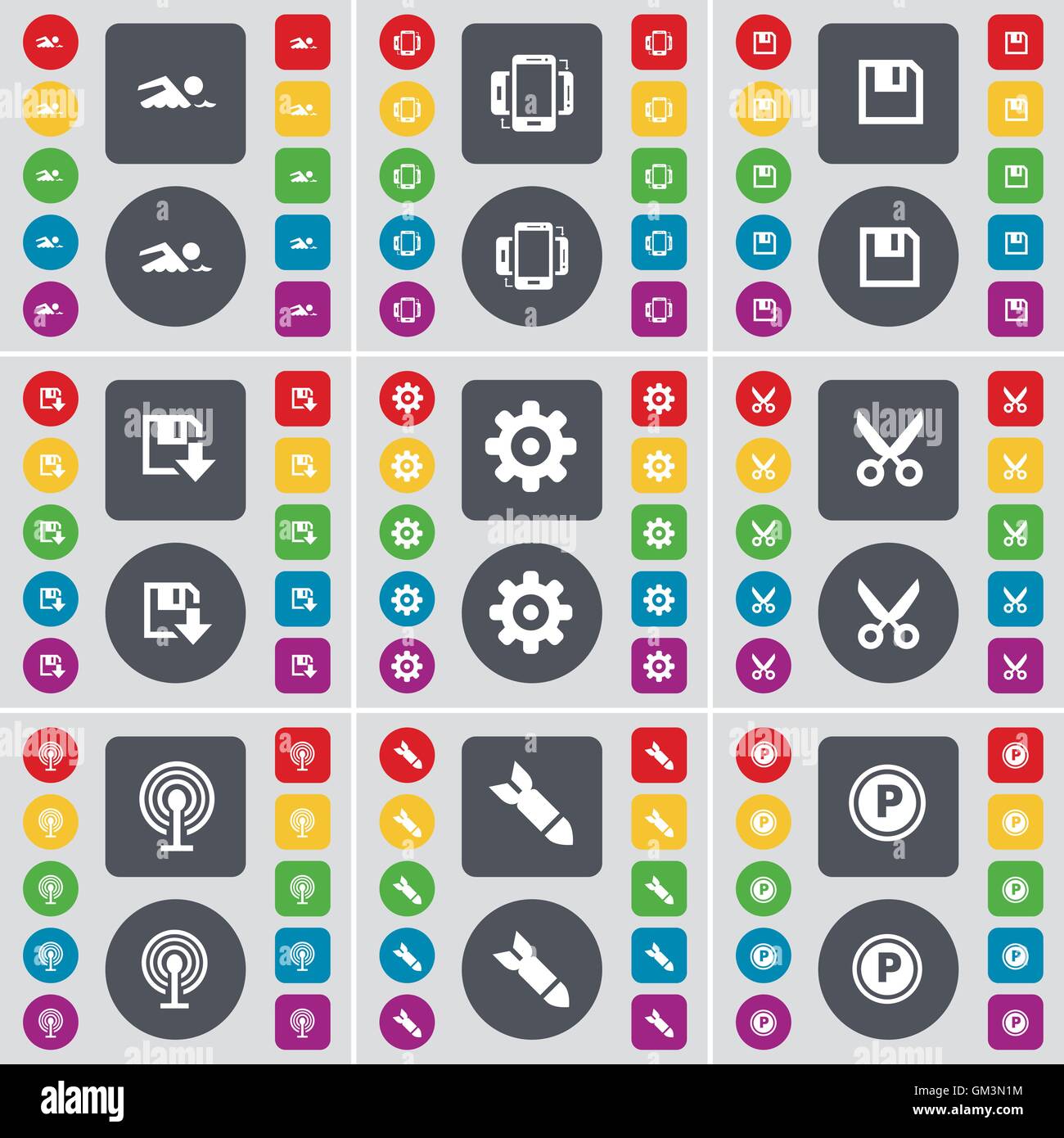 Schwimmer, Smartphone, Floppy, Gang, Schere, Wlan, Rakete, Parkplatz Symbol. Eine große Auswahl an flache, farbige Schaltflächen für Ihre Konstruktion. Vektor Stock Vektor