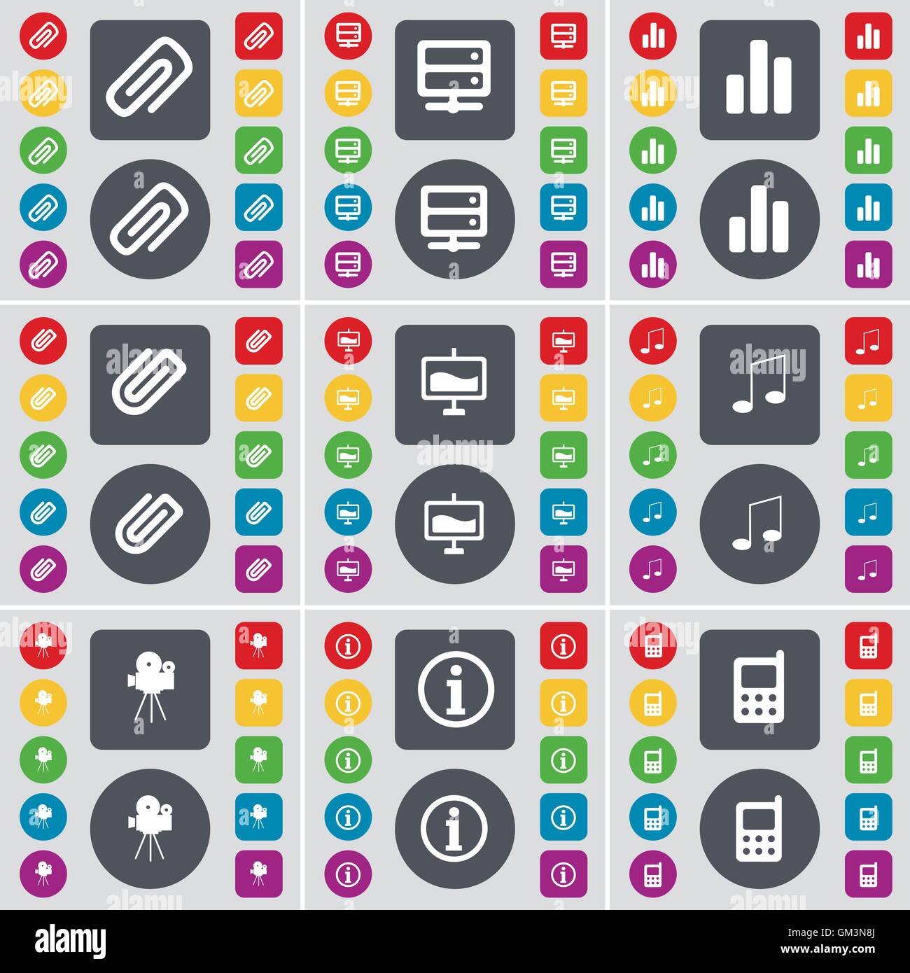 Clip, Server, Schaltplan, Clip, Graph, Hinweis, Kamera, Information, Handy Symbol. Eine große Auswahl an flache, farbige Schaltflächen für Ihre Konstruktion. Vektor Stock Vektor
