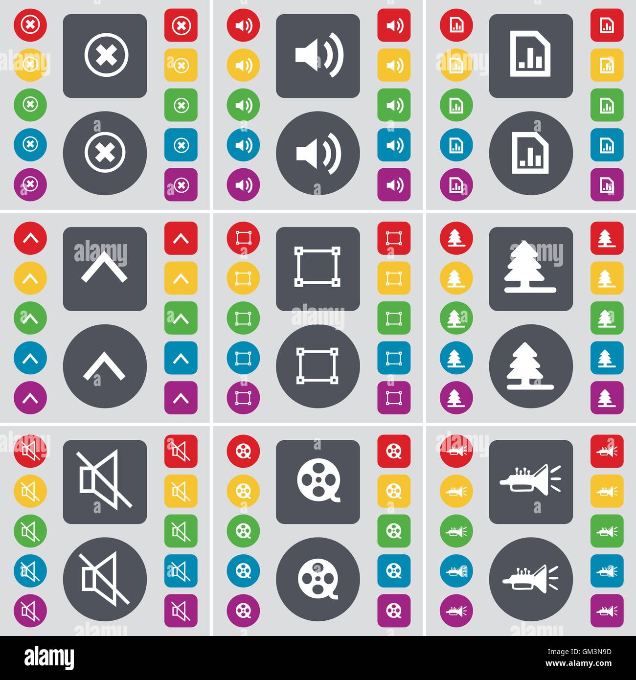 Stoppen, Sound, Grafik-Datei, Pfeil nach oben, Rahmen, Firtree, Mute, Videoband, Trumped Symbol Symbol. Eine große Anzahl von flachen, farbige Tasten fo Stock Vektor