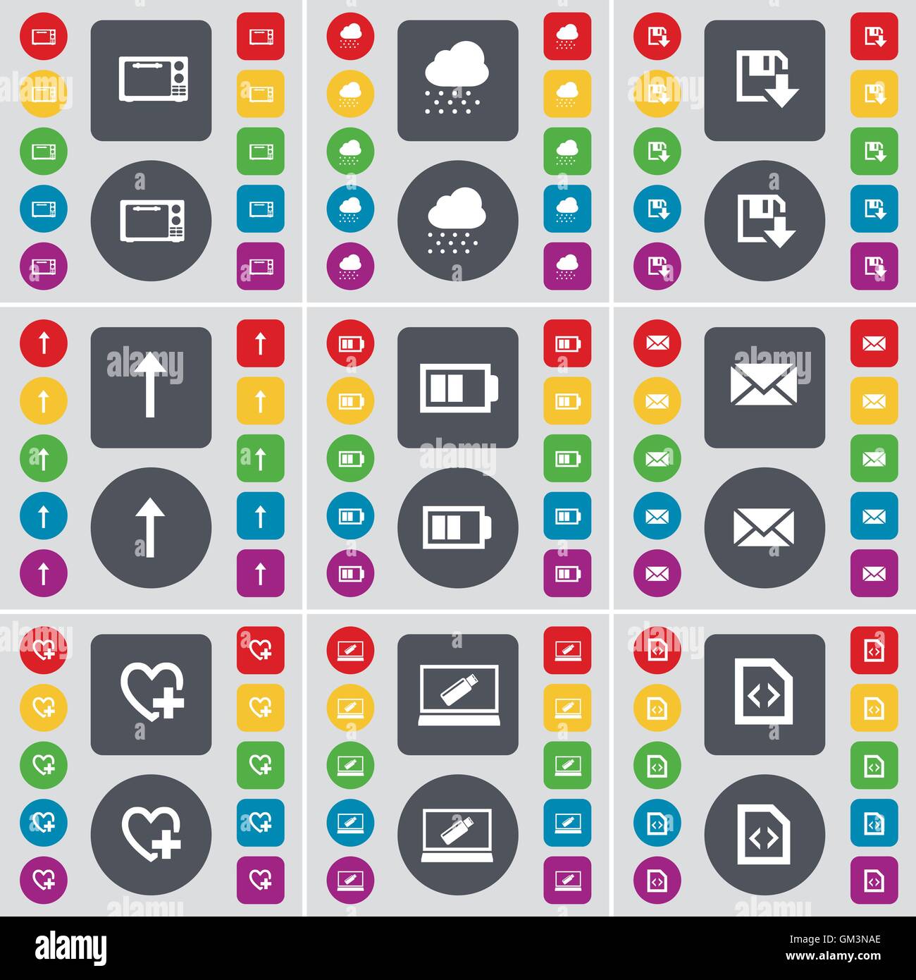 Mikrowelle, Cloud, Floppy, Pfeil nach oben, Batterie, Nachricht, Herz,  Laptop, Datei- Symbol. Eine große Auswahl an flache, farbige Schaltflächen  für Ihre Konstruktion. Vektor Stock-Vektorgrafik - Alamy