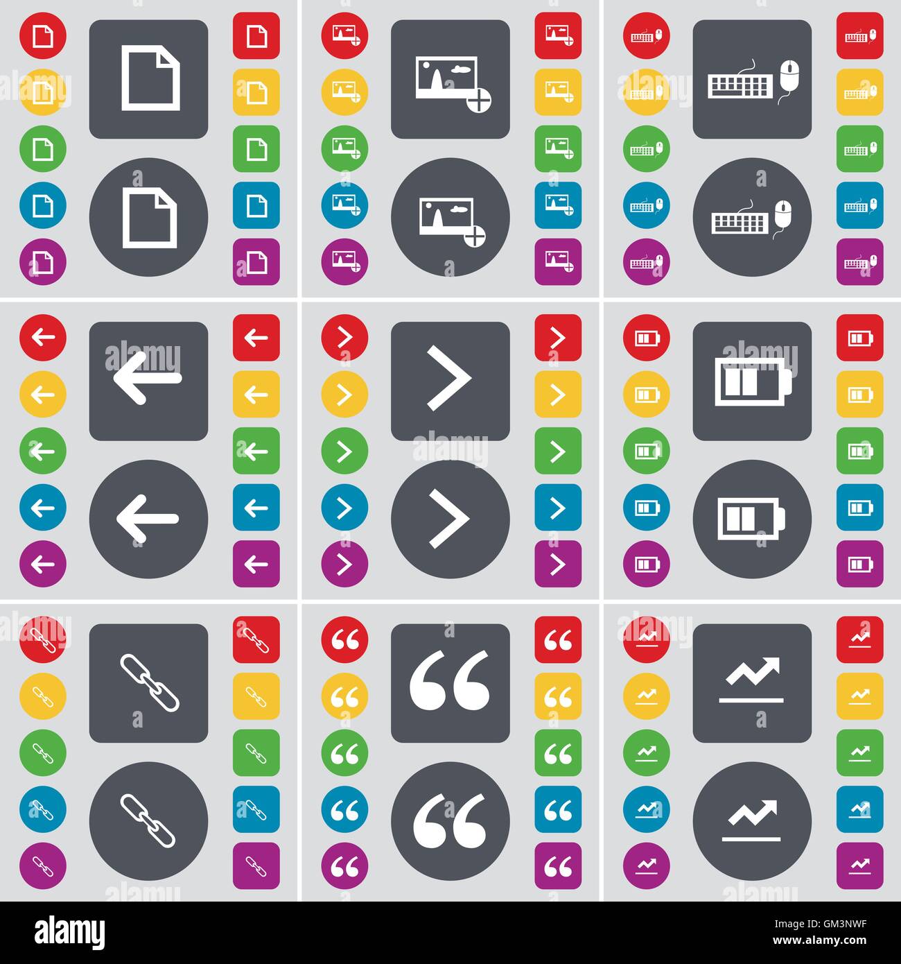 Datei, Bild, Tastatur, Pfeil nach links, Pfeil nach rechts, Batterie, Link, Anführungszeichen, Diagramm Symbol. Eine große Auswahl an flache, farbige Schaltflächen für Ihre Konstruktion. Vektor Stock Vektor