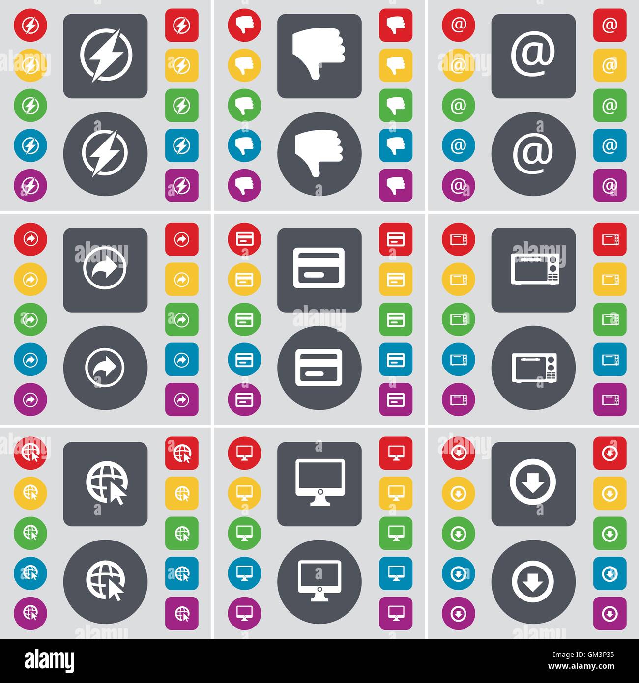 Blitz, Abneigung, Mail, zurück, Kredit Karte, Mikrowelle, Web-Cursor, Monitor, Pfeil nach unten Symbol Symbol. Eine große Anzahl von flachen, farbigen bu Stock Vektor