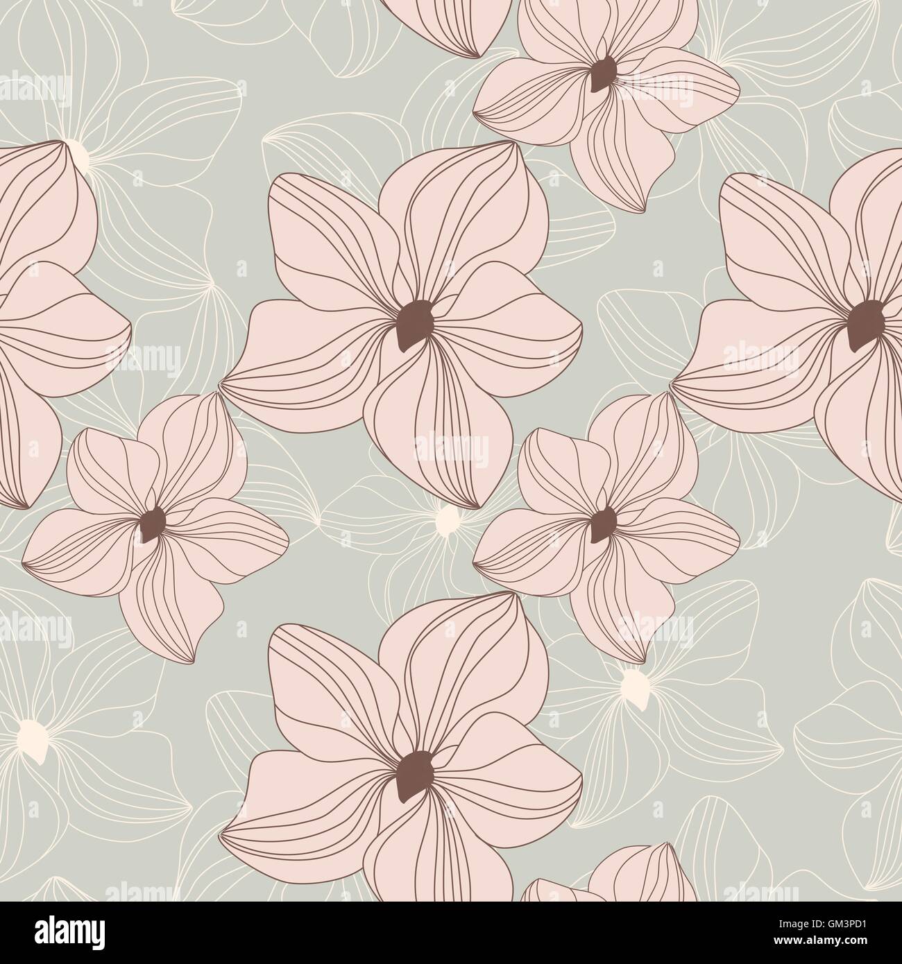 Retro-nahtlose Muster mit rosa Orchidee blüht auf Beige Hintergrund Stock Vektor