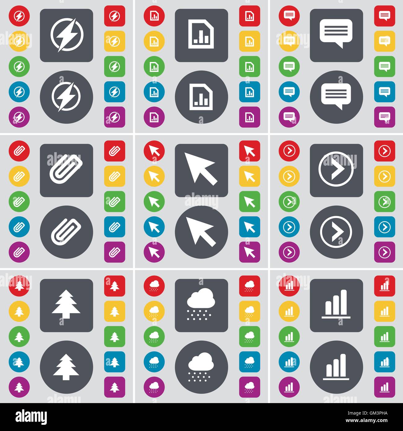 Blitz, Diagramm, Chat-Blase, Clip, Cursor, Pfeil nach rechts, Firtree Symbol Symbol. Eine große Anzahl von flachen, farbigen Tasten für Ihre desi Stock Vektor