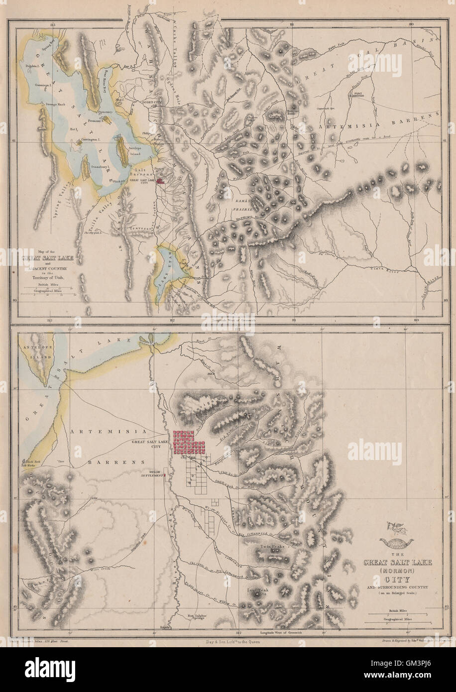 "DER GROßE SALZSEE (MORMONEN) STADT". Plan & Umgebung Stadtpläne. WELLER, 1863 Stockfoto