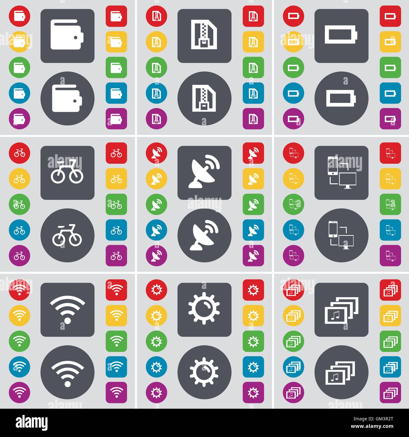 Brieftasche, ZIP-Karte, Akku, Fahrrad, Satellitenschüssel, Verbindung, WLAN, Getriebe, Galerie Symbol Symbol. Eine große Anzahl von flachen, farbige b Stock Vektor