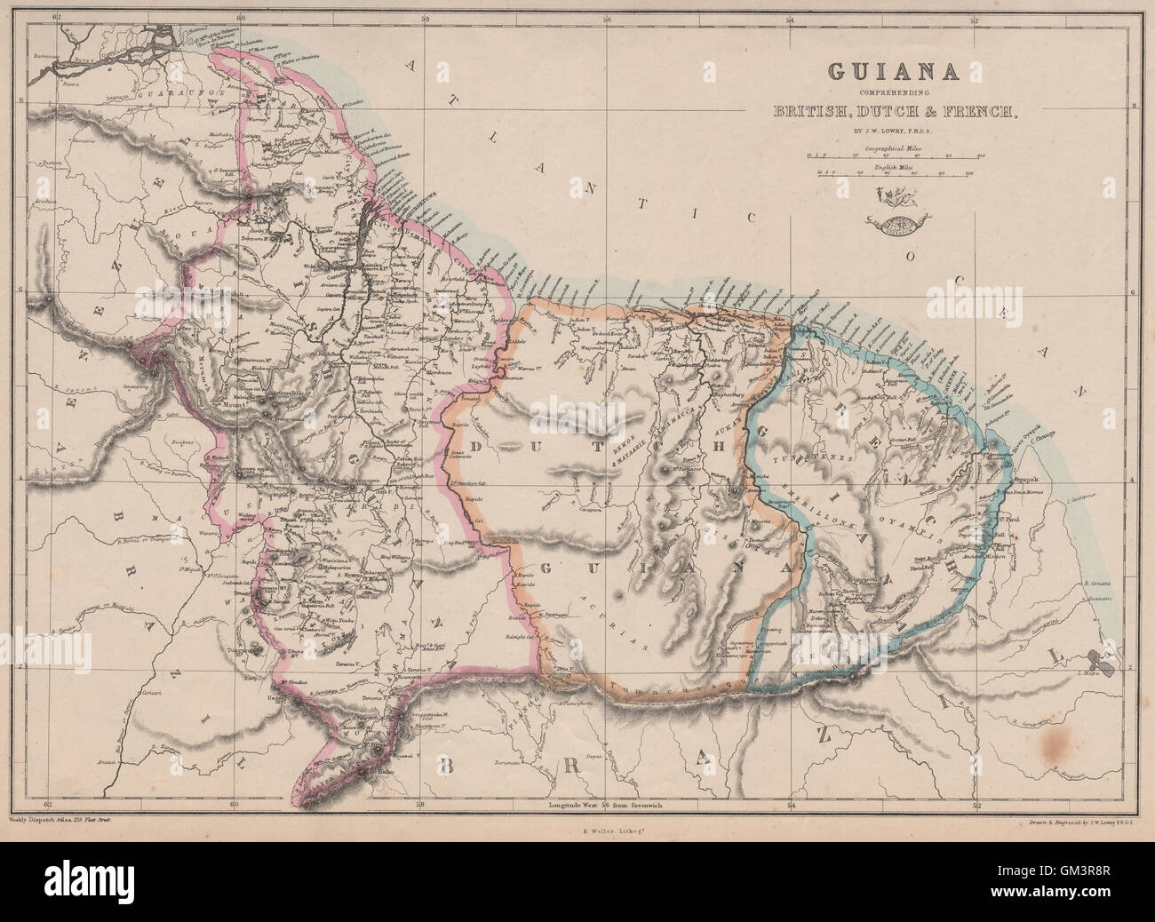 "Guyana begreifen, Briten, Niederländer & Französisch" Surinam-Guyana. LOWRY, 1863-Karte Stockfoto