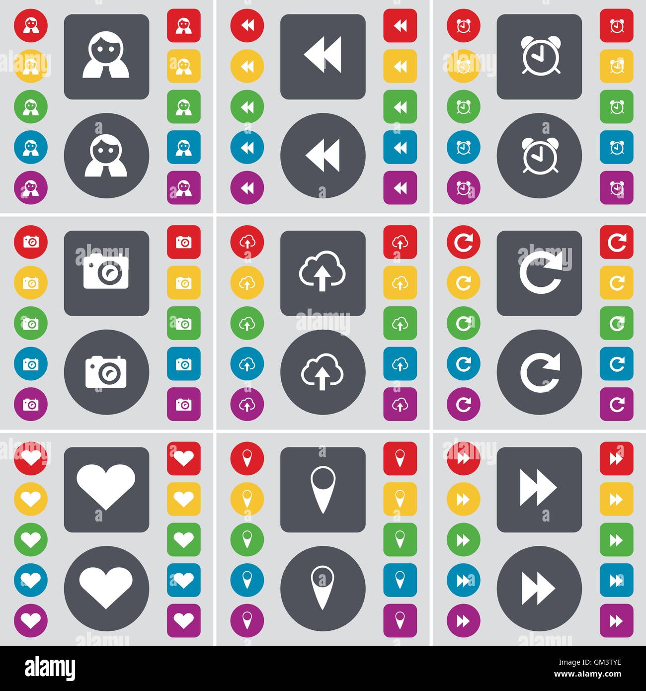 Avatar, Zurückspulen, Wecker, Kamera, Cloud, Laden, Herz, Checkpoint, Zurückspulen Symbol. Eine große Auswahl an flache, farbige Schaltflächen für Ihre Konstruktion. Vektor Stock Vektor