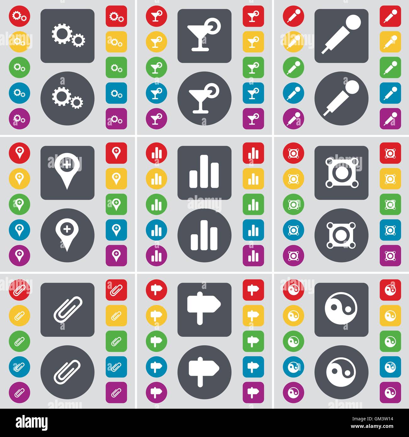 Getriebe, Cocktail, Mikrofon, Checkpoint, Diagramm, Lautsprecher, Clip, Symbol Symbol. Eine große Anzahl von flachen, farbigen Tasten für Ihre desi Stock Vektor