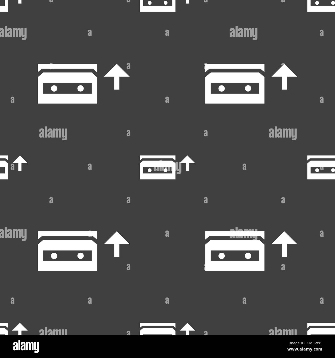 Audio-Kassette Symbol Zeichen. Nahtlose Muster auf einem grauen Hintergrund. Vektor Stock Vektor