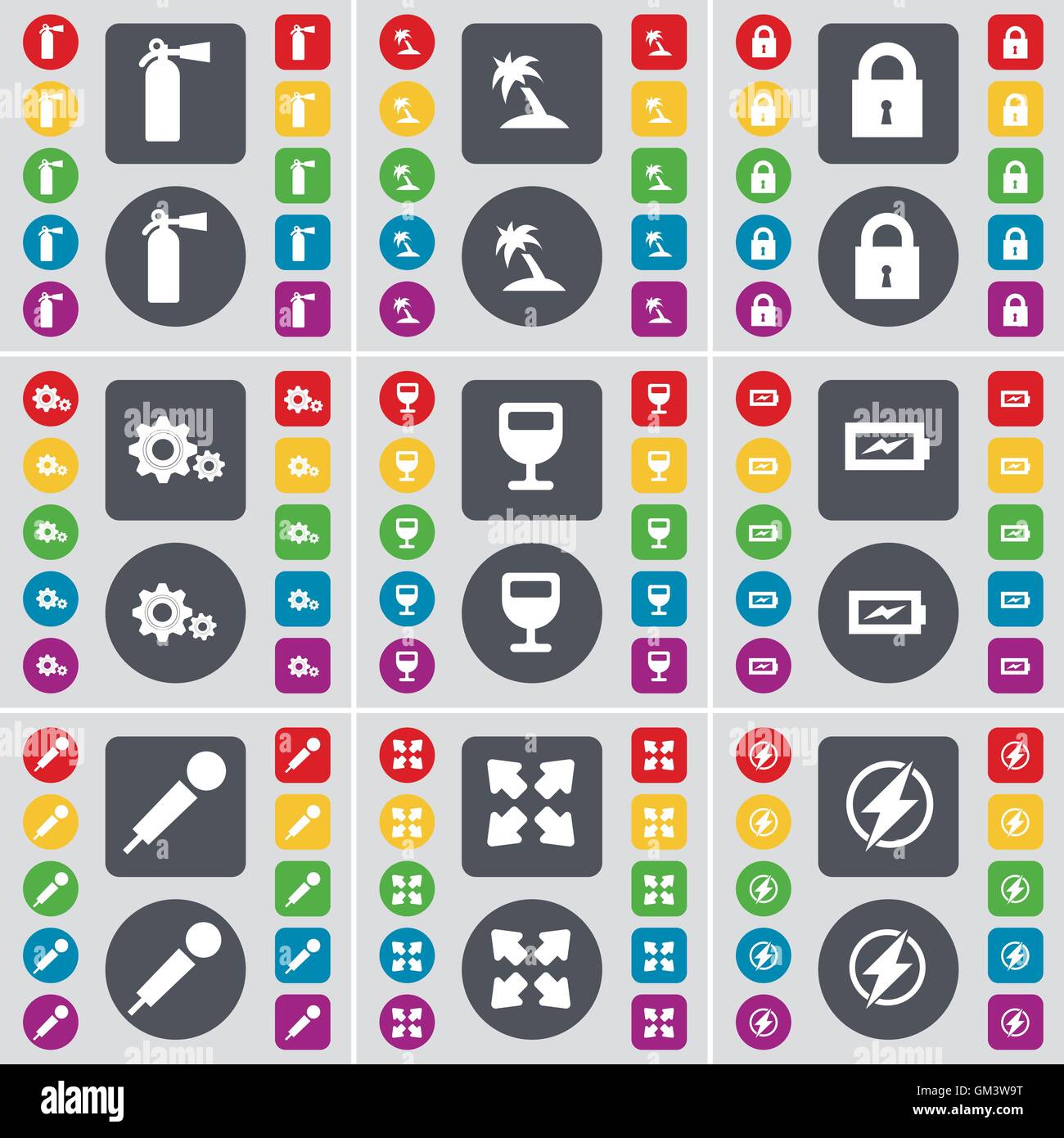 Feuerlöscher, Palm, Sperre, Getriebe, Weinglas, laden, Mikrofon, Vollbild, Flash-Symbol Symbol. Eine große Anzahl von flachen, Farbe Stock Vektor