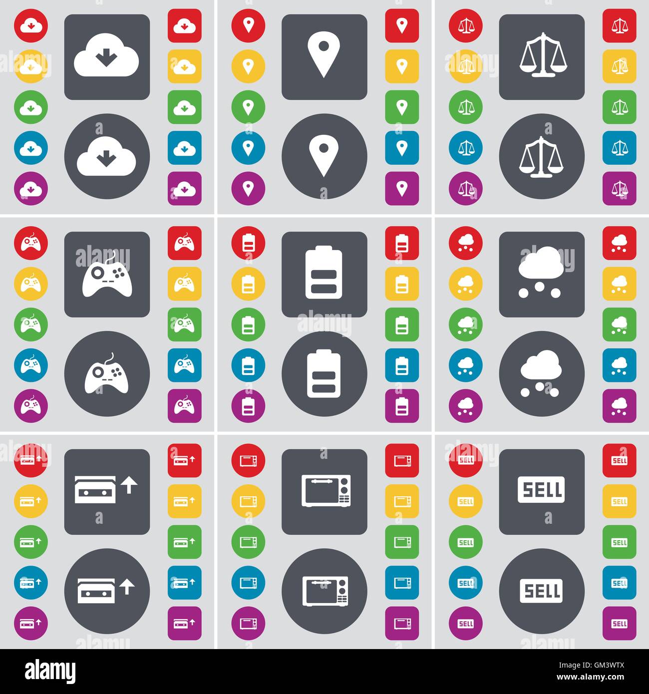 Cloud, Checkpoint, Waagen, Gamepad, Batterie, Cloud, Kassette, Mikrowelle, verkaufen Symbol Symbol. Eine große Anzahl von flachen, farbige Tasten Stock Vektor
