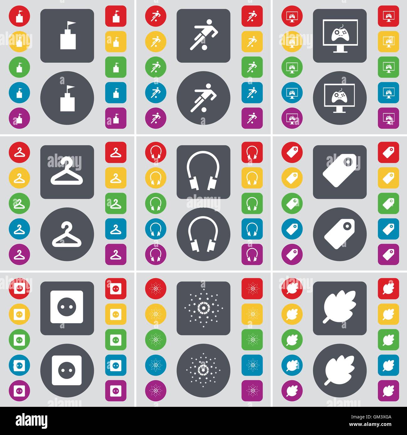 Flagge Tower, Silhouette, Monitor, Kleiderbügel, Kopfhörer, Tag, Buchse, Stern, Blatt Symbol. Eine große Auswahl an flache, farbige Schaltflächen für Ihre Konstruktion. Vektor Stock Vektor