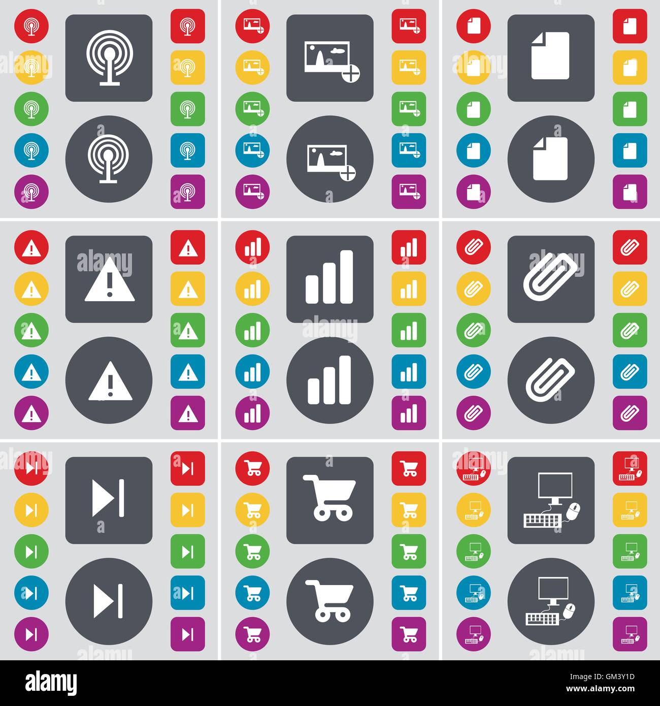 Wi-Fi, Bild, Datei, Achtung, Diagramm, Clip, Medien zu überspringen, Shoppi Symbol Symbol. Eine große Anzahl von flachen, farbigen Tasten für Ihre desi Stock Vektor