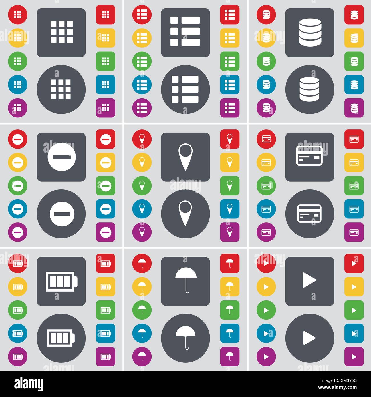 Apps, Liste, Datenbank, Minus, Checkpoint, Kreditkarte, Batterie, Regenschirm, Medien spielen Symbol Symbol. Eine große Anzahl von flachen, farbigen bu Stock Vektor
