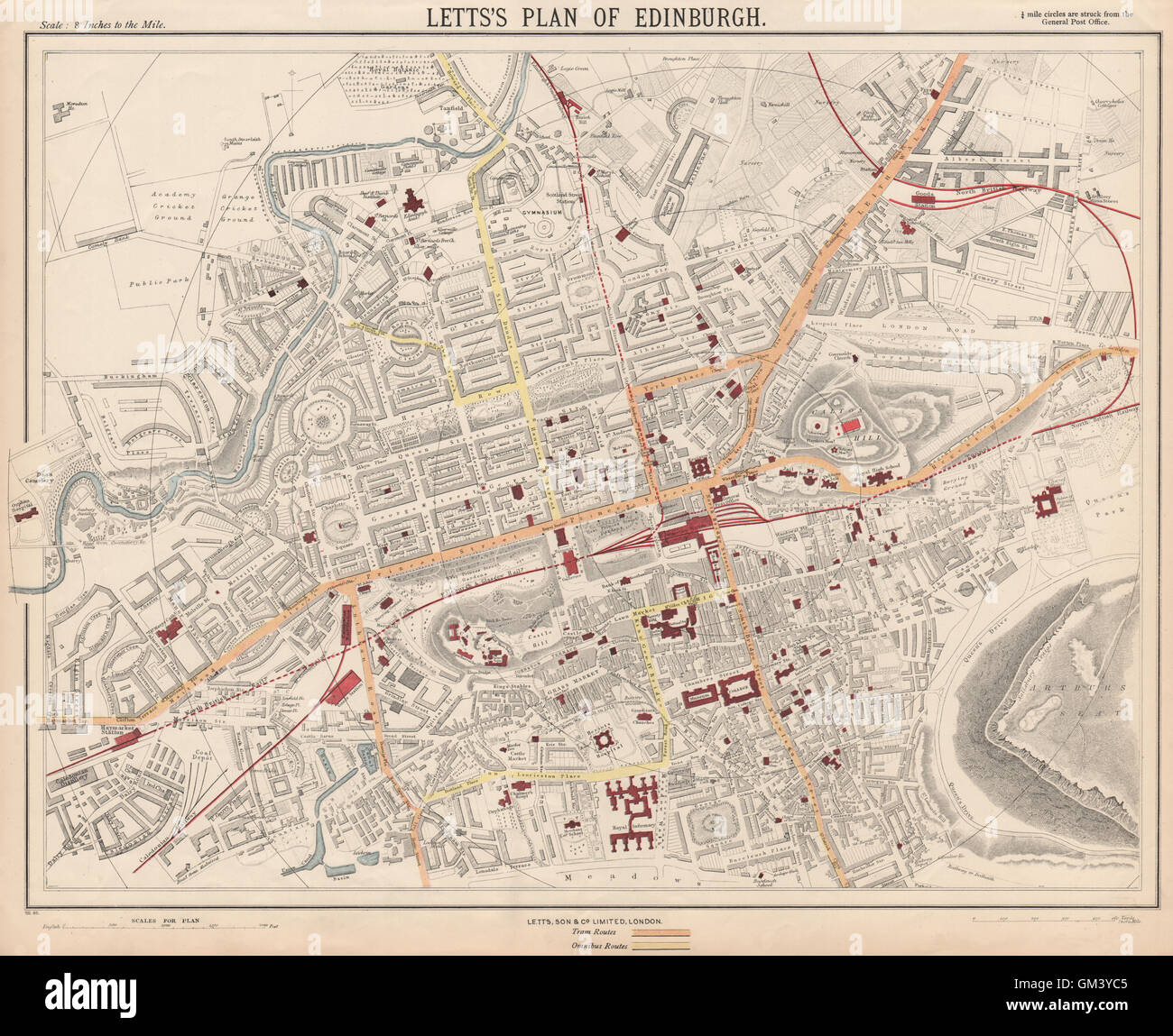 EDINBURGH Stadt Karte Stadtplan. Straßenbahn Bus Routen Bahnhöfen. LETTS, 1889 Stockfoto