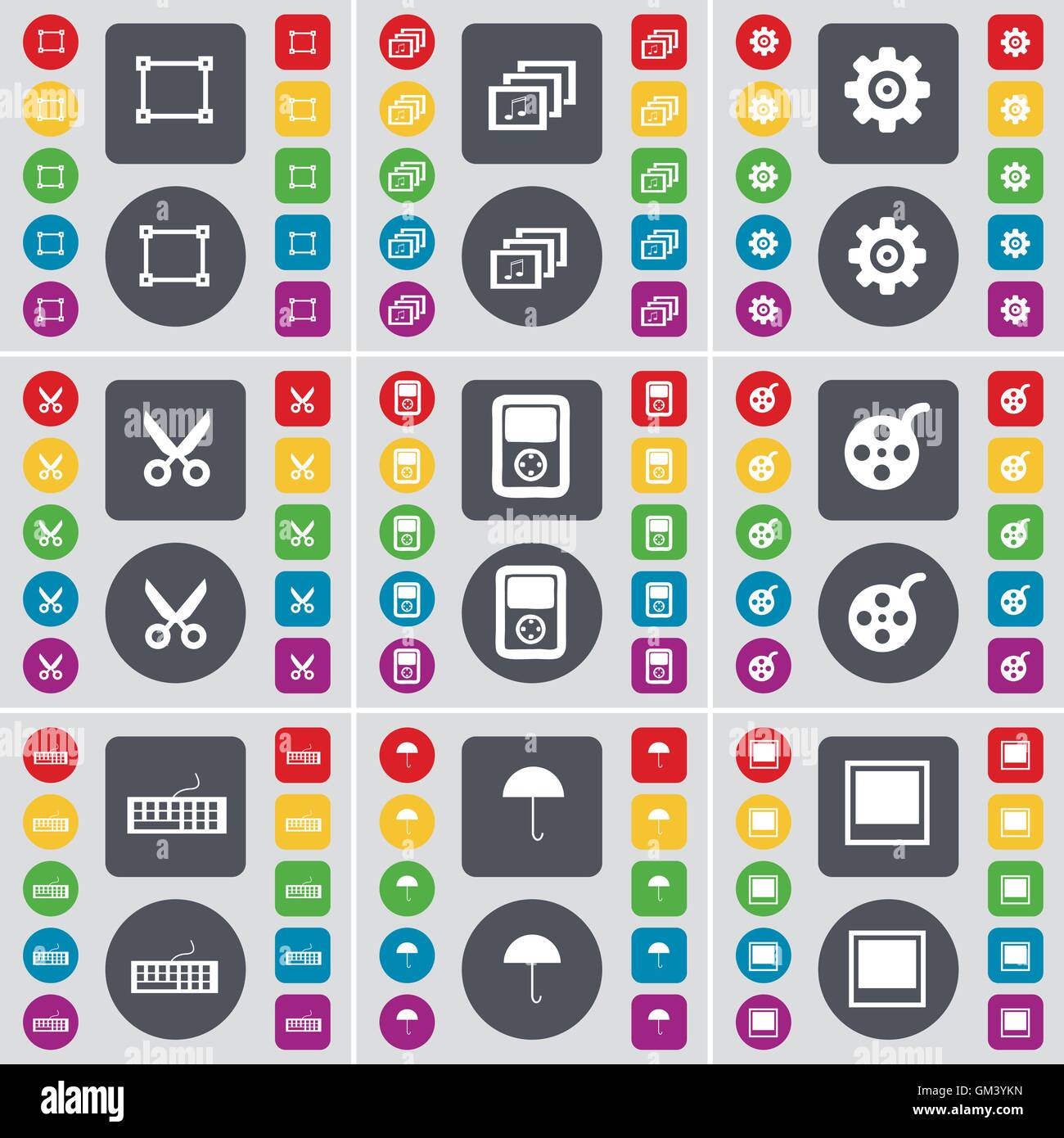 Frame, Galerie, Gang, Schere, Player, Video, Tastatur, Dach, Fenster Symbol. Eine große Auswahl an flache, farbige Schaltflächen für Ihre Konstruktion. Vektor Stock Vektor