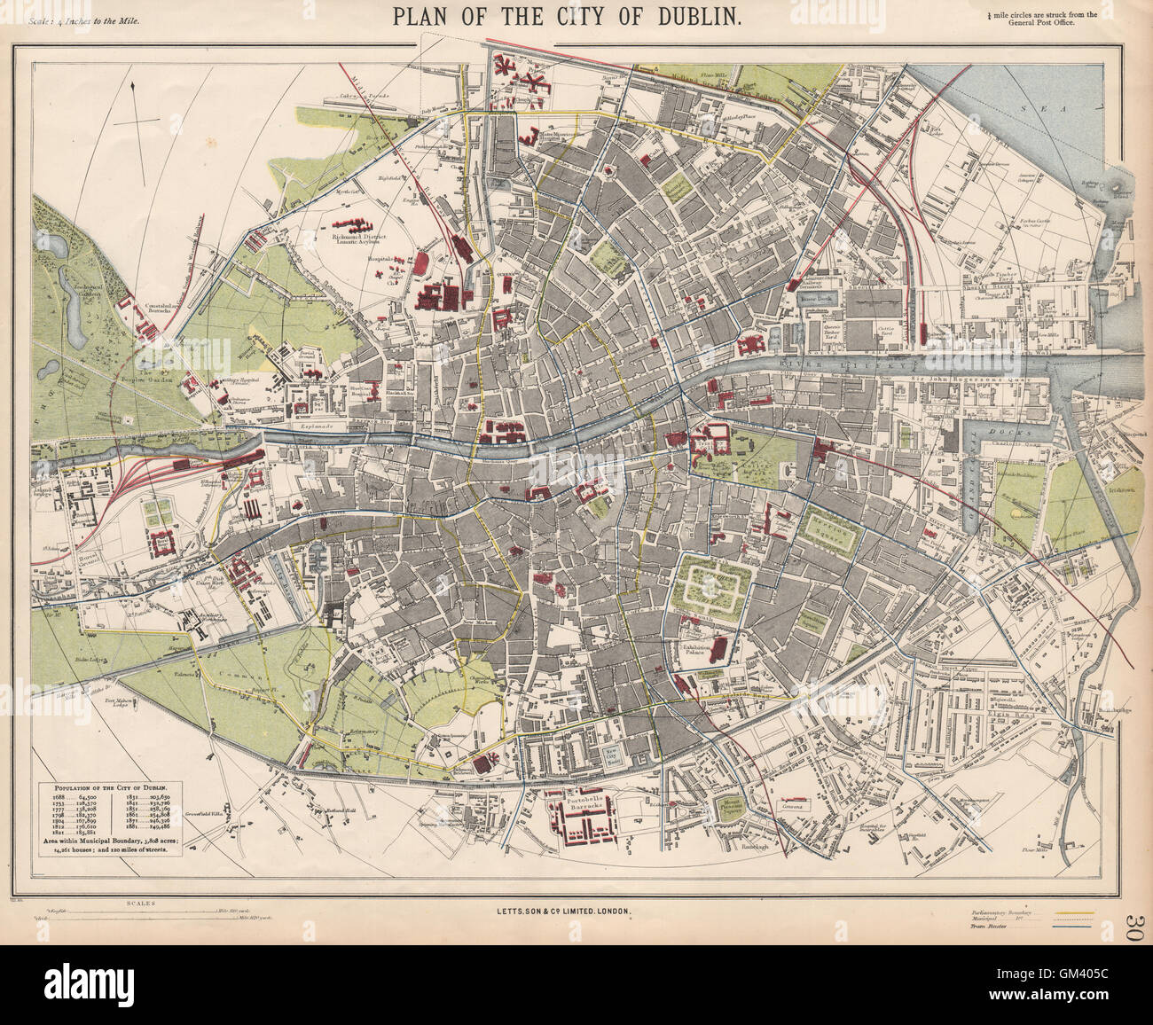 DUBLIN antiken Stadt Karte Stadtplan. Eisenbahn-Straßenbahn-Strecken-Stationen. LETTS 1889 Stockfoto