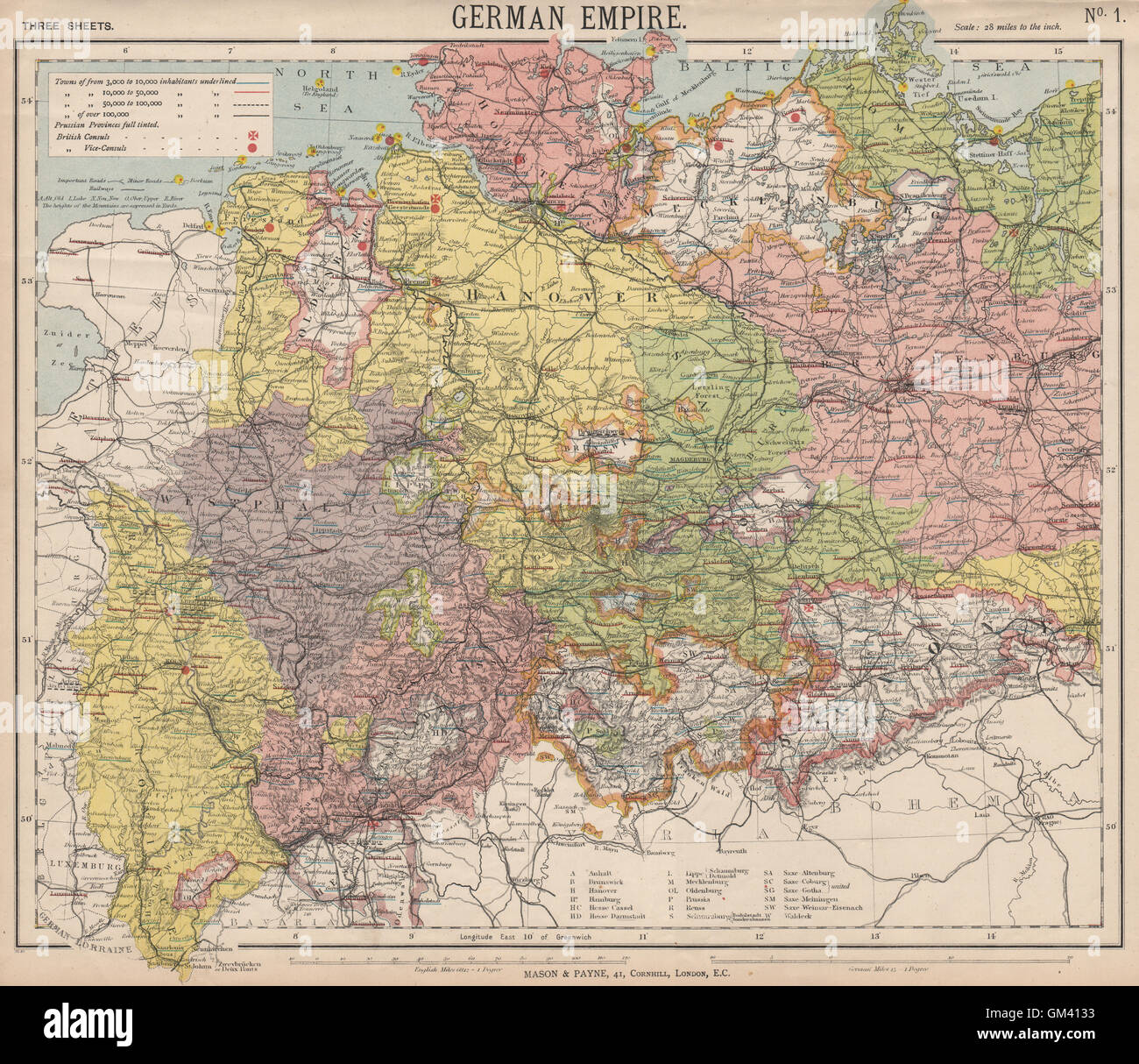 DEUTSCHES REICH. Preußischen Provinzen. Leuchttürme. Britische Konsuln. LETTS, 1889-Karte Stockfoto