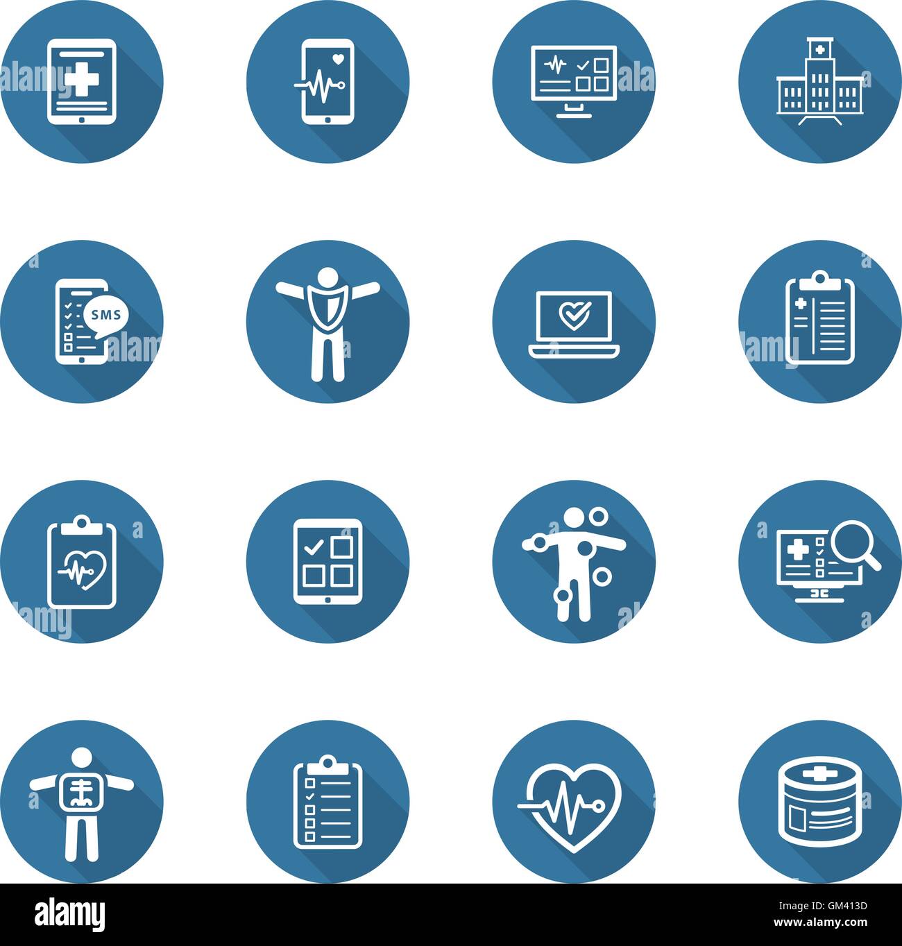 Medizinische & Gesundheitsversorgung Icons Set. Flaches Design. Lange Schatten. Stock Vektor