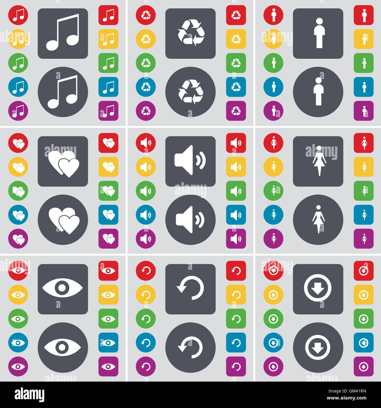 Hinweis, Recycling, Silhouette, Herz, Sound, Silhouette, Vision, Laden, Pfeil nach unten das Symbol Symbol. Eine große Auswahl an flache, farbige Schaltflächen für Ihre Konstruktion. Vektor Stock Vektor