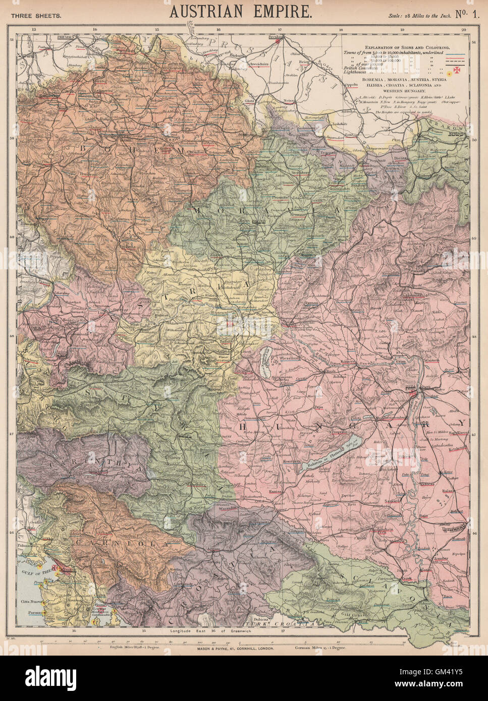 KAISERTUM ÖSTERREICH. Bohemia Moravia Steiermark Illyrien Kroatien Ungarn. LETTS, 1889-Karte ...
