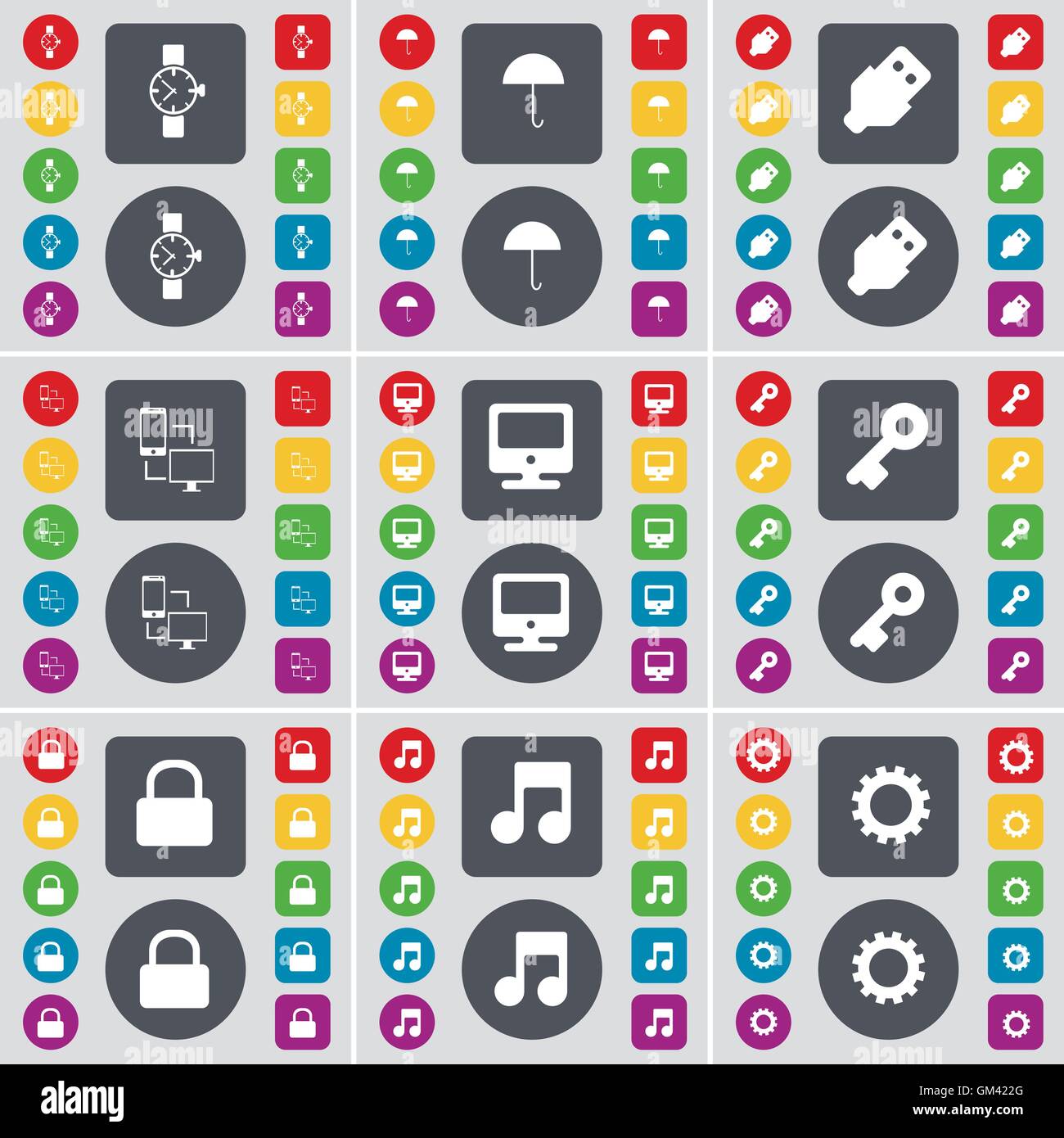 Armbanduhr, Regenschirm, USB, Verbindung, Monitor, Schlüssel, Schloss, Hinweis, Zahnrad Symbol. Eine große Auswahl an flache, farbige Schaltflächen für Ihre Konstruktion. Vektor Stock Vektor