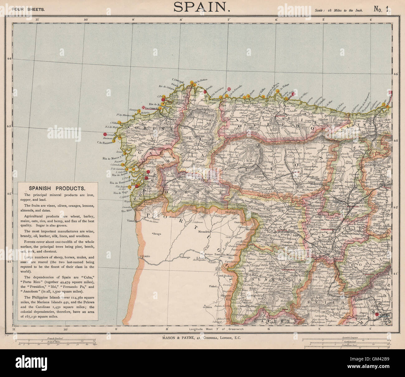 Nordwesten Spaniens Eisenbahn & Leuchttürme. Galizien Leon Asturien. LETTS, 1889-Karte Stockfoto