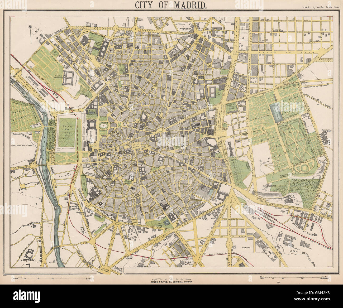 MADRID antiken Stadt Karte Stadtplan. Eisenbahnen. LETTS, 1889 Stockfoto