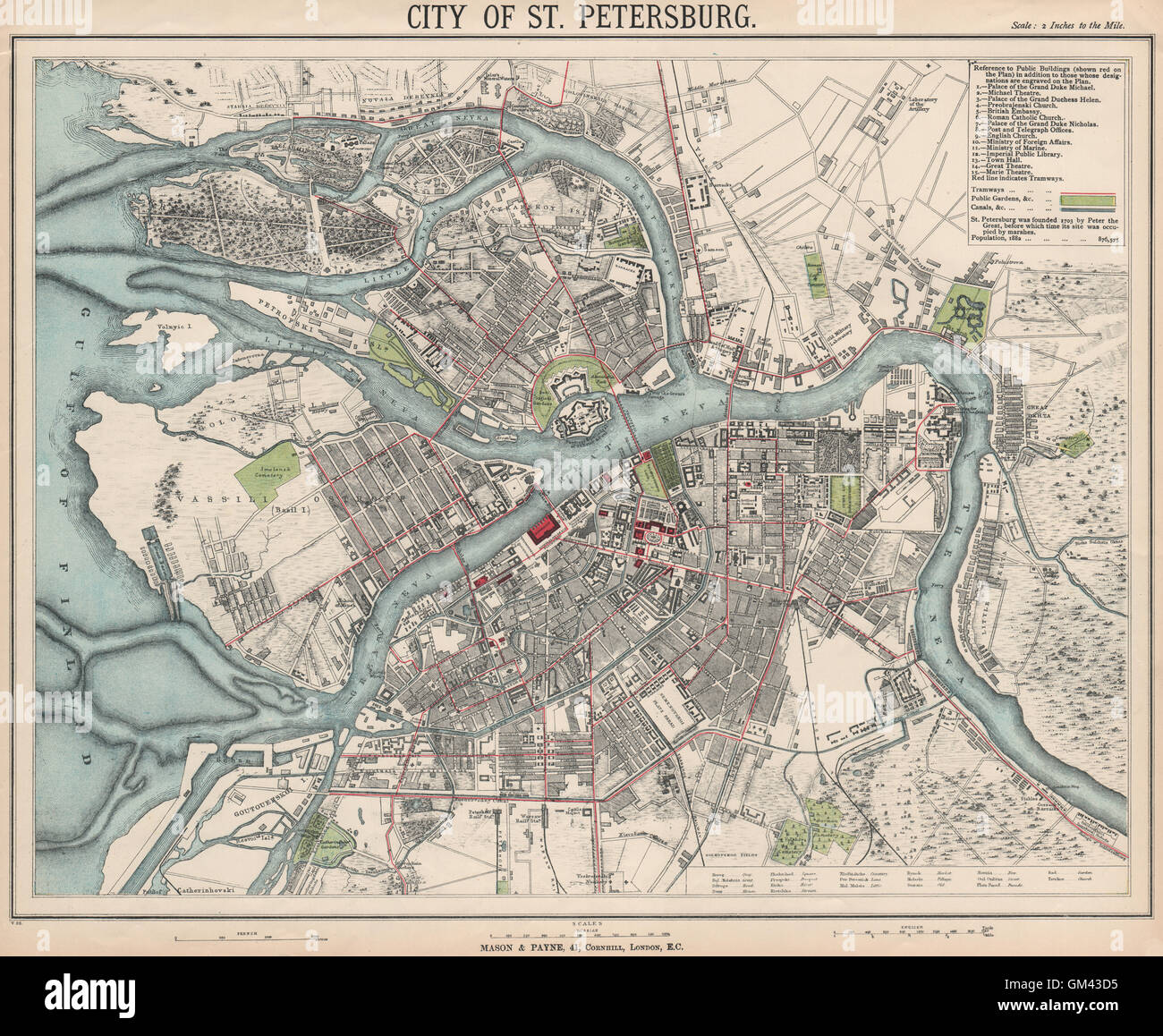 ST. PETERSBURG САНКТ-ПЕТЕРБУРГ. Antike Stadt Karte Stadtplan. LETTS, 1889 Stockfoto