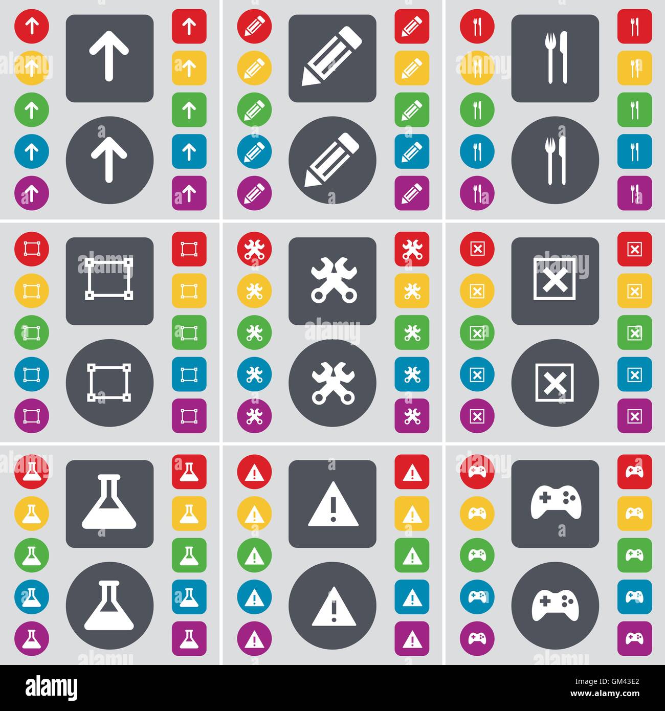 Pfeil nach oben, Bleistift, Gabel und Messer, Rahmen, Schraubenschlüssel, Stop, Kolben, Warnung, Gamepad Symbol Symbol. Eine große Anzahl von flachen, farbige Tasten Stock Vektor