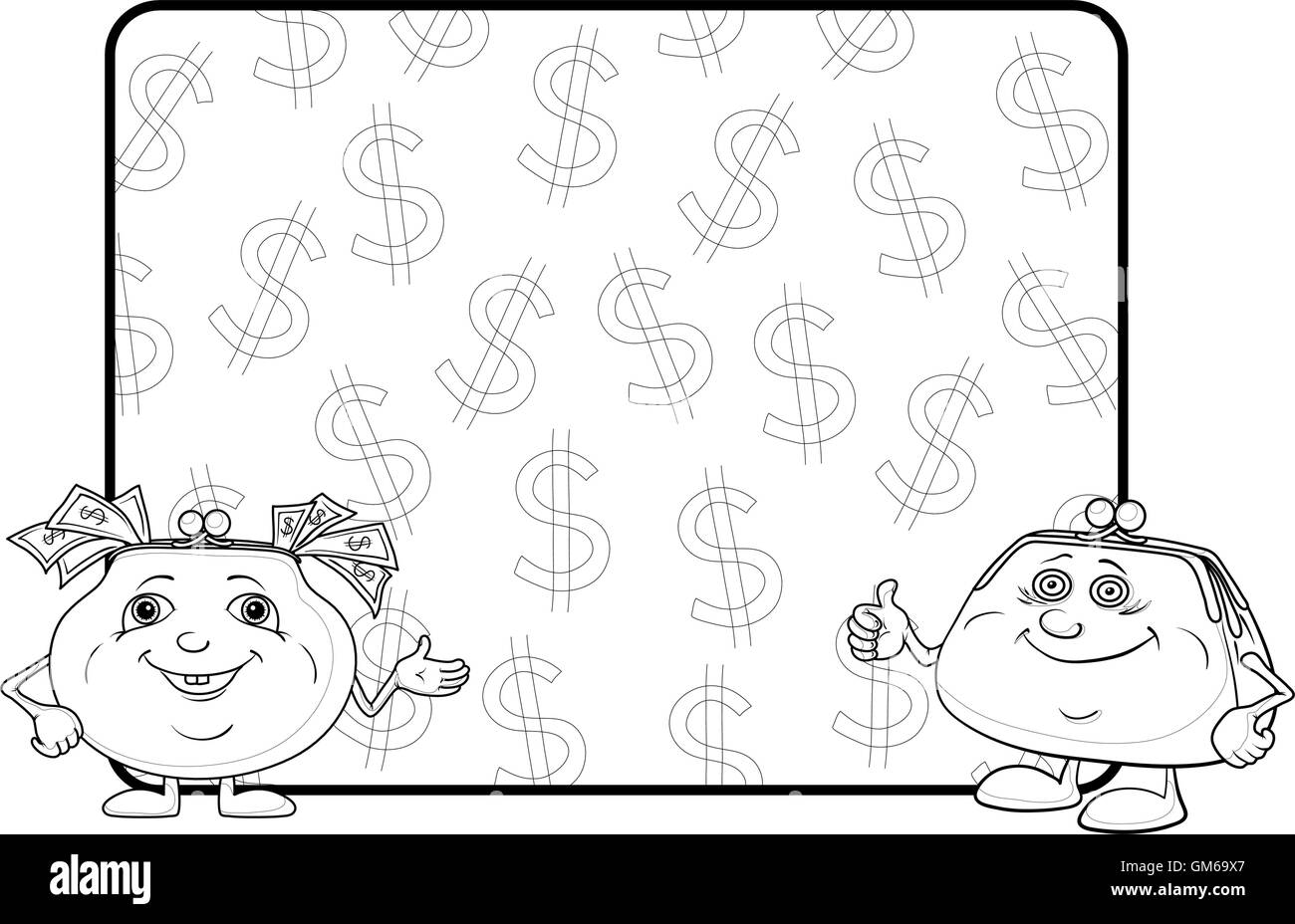 Geldbörsen und Poster mit Dollar, Kontur Stock Vektor