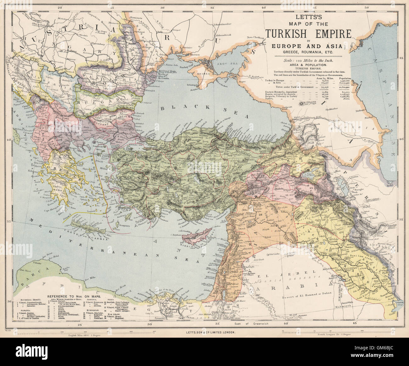 Osmanischen Reichs in Europa und Asien. Griechenland-Balkan-Türkei-Levant. LETTS, 1889-Karte Stockfoto