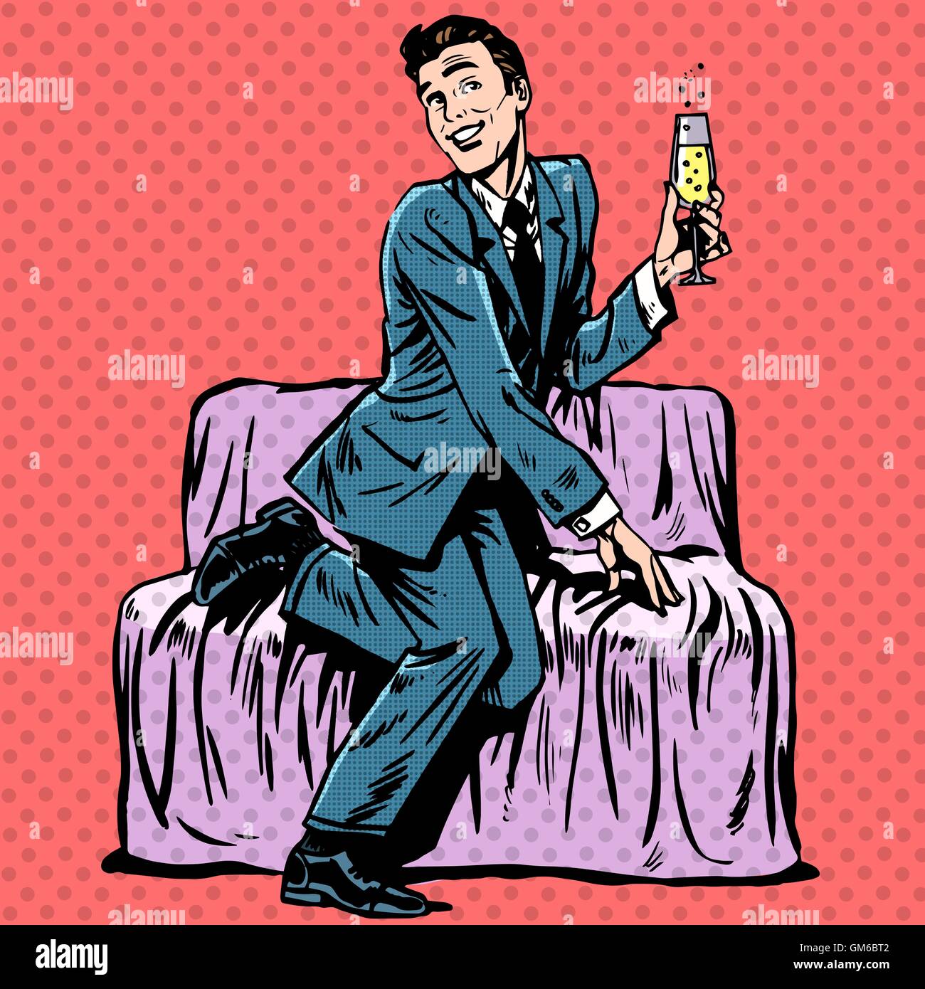 Spielerische Mann mit einem Glas Champagner auf der couch Stock Vektor