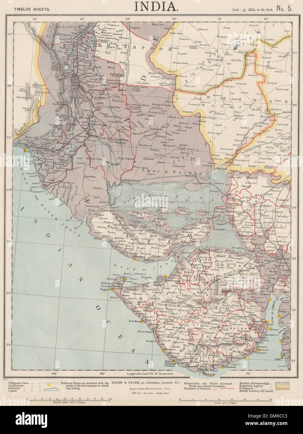 NW-INDIEN & S PAKISTAN. Sindh Gujarat Karachi Hyderabad. Eisenbahnen. LETTS 1889 Karte Stockfoto