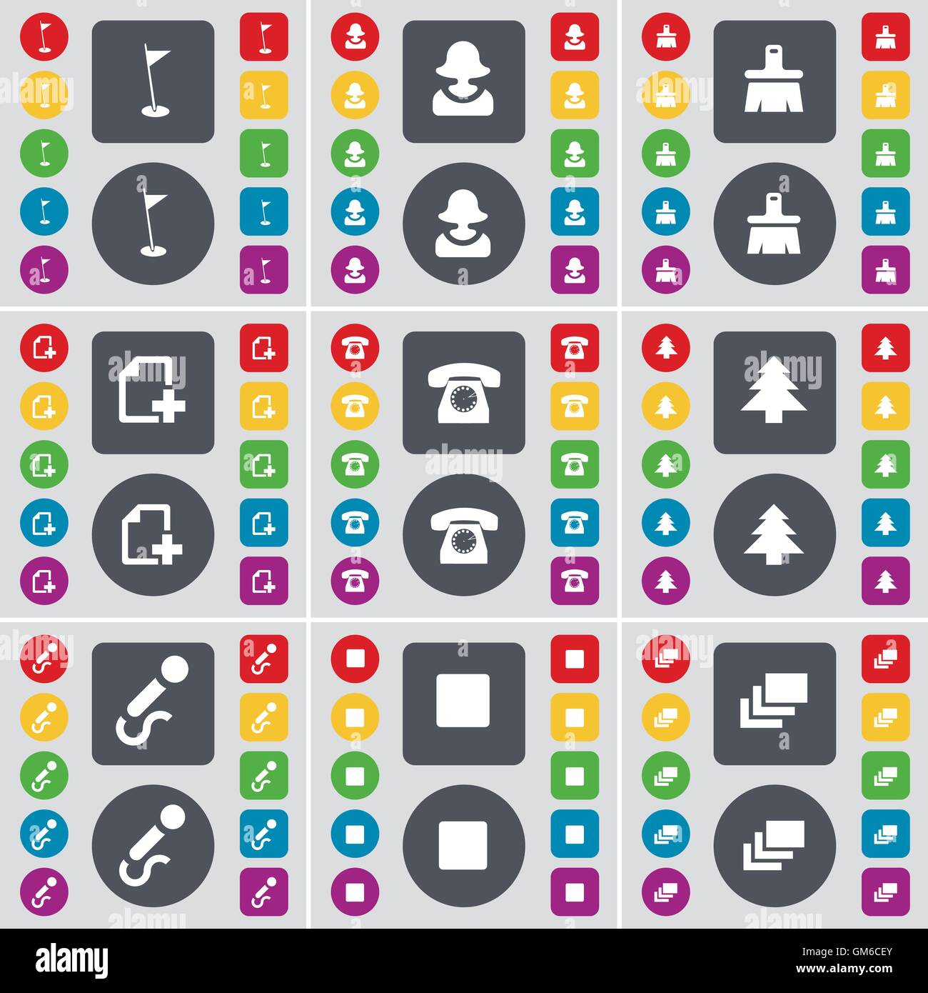 Golf-Loch, Avatar, Pinsel, Datei, Retro Telefon, Firtree, Mikrofon, Media Stop, Galerie Symbol Symbol. Eine große Anzahl von flachen, farbig Stock Vektor